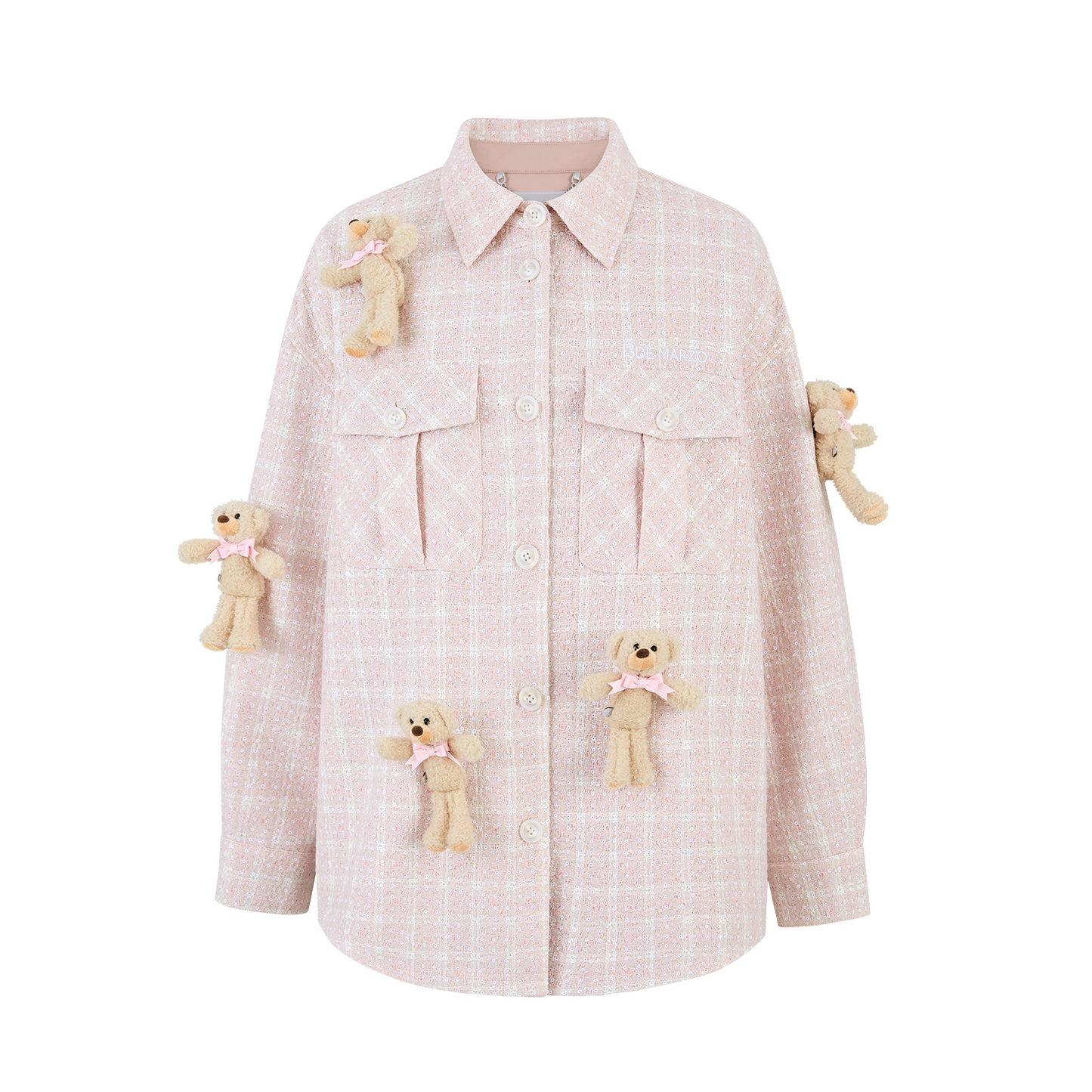 13DE MARZO All-Over Bear Print Tweed Shirt Jacket Pink