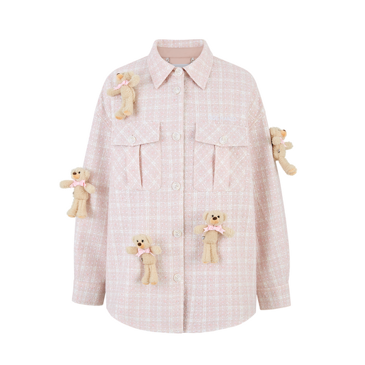 13DE MARZO All-Over Bear Print Tweed Shirt Jacket Pink
