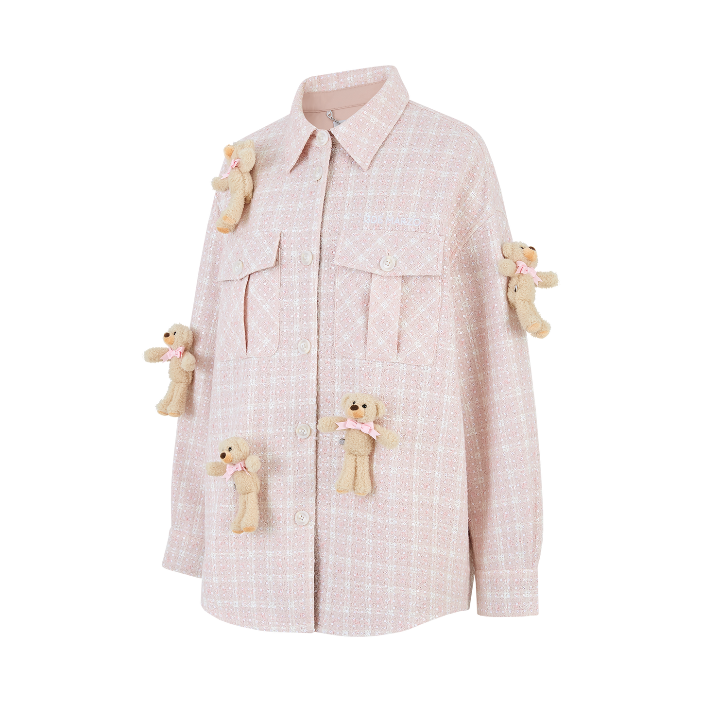 13DE MARZO All-Over Bear Print Tweed Shirt Jacket Pink