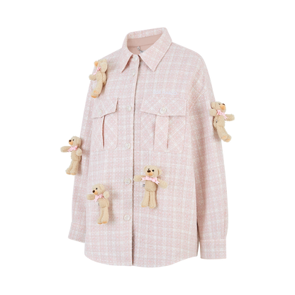 13DE MARZO All-Over Bear Print Tweed Shirt Jacket Pink