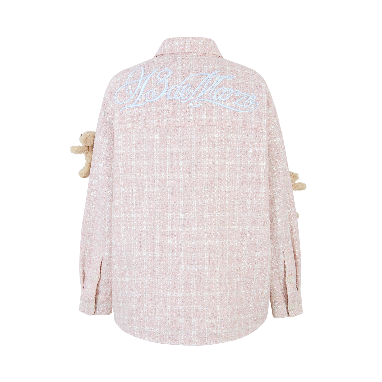 13DE MARZO All-Over Bear Print Tweed Shirt Jacket Pink