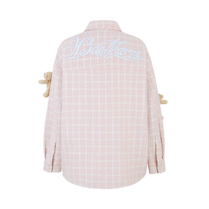 13DE MARZO All-Over Bear Print Tweed Shirt Jacket Pink