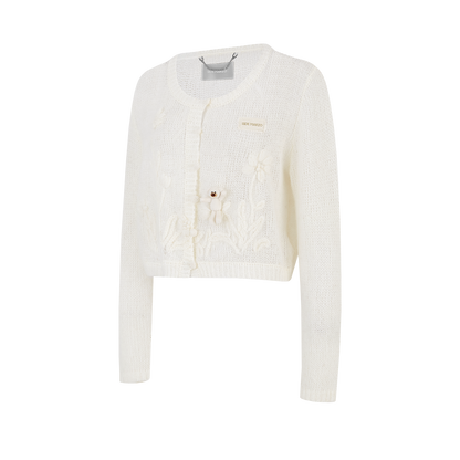 13DE MARZO Floral Bear Print Lazy Style Knitted Cardigan White