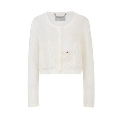 13DE MARZO Floral Bear Print Lazy Style Knitted Cardigan White