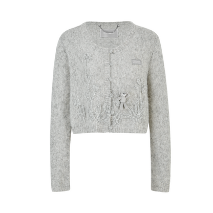 13DE MARZO Floral Bear Print Lazy Style Knitted Cardigan Grey