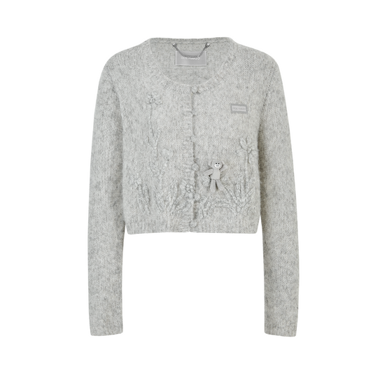 13DE MARZO Floral Bear Print Lazy Style Knitted Cardigan Grey