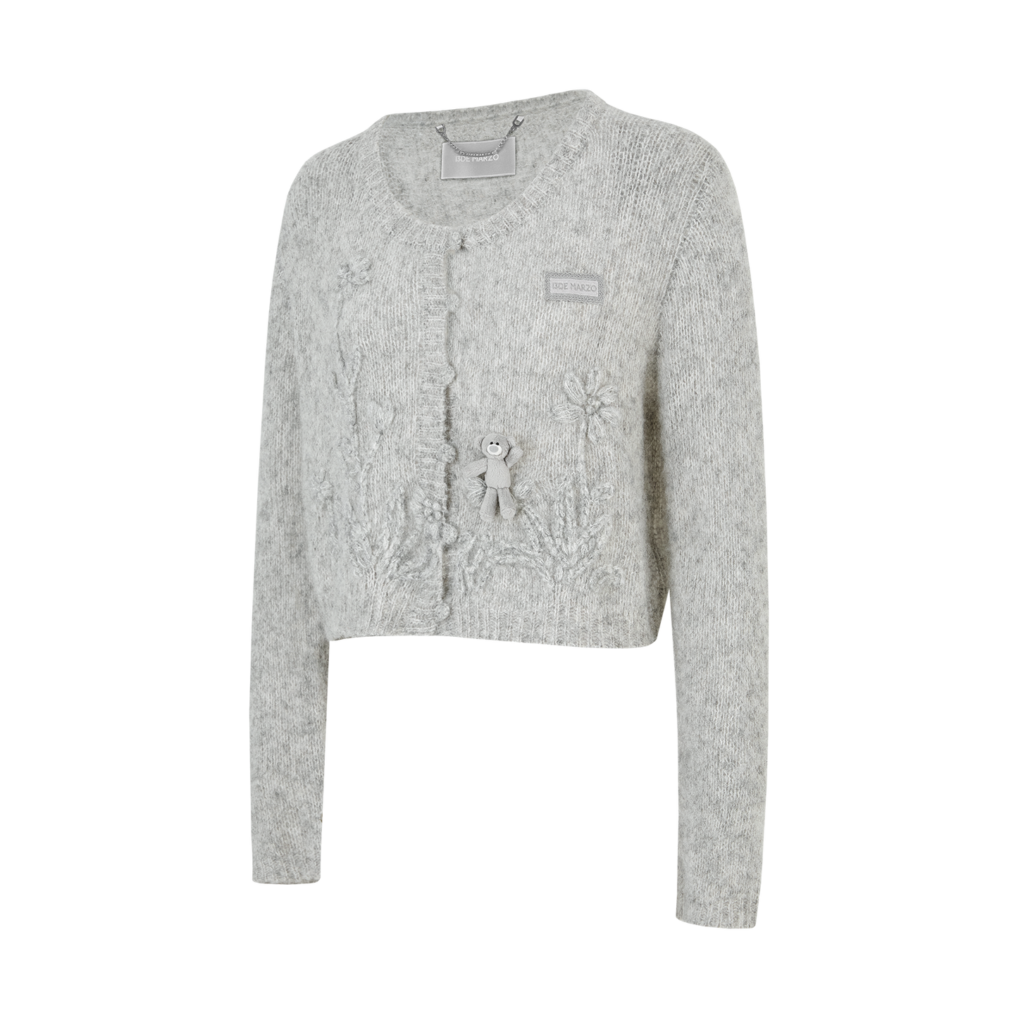 13DE MARZO Floral Bear Print Lazy Style Knitted Cardigan Grey
