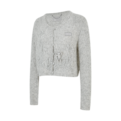 13DE MARZO Floral Bear Print Lazy Style Knitted Cardigan Grey