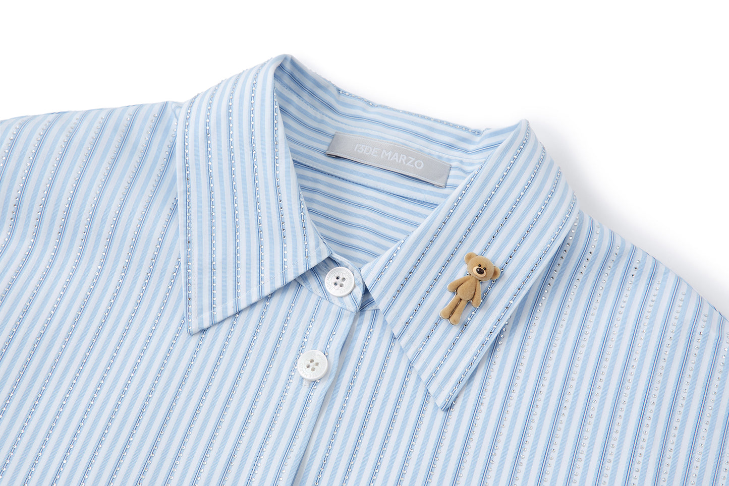 13DE MARZO Stripe Shirt with Rhinestone Bear Brooch Blue