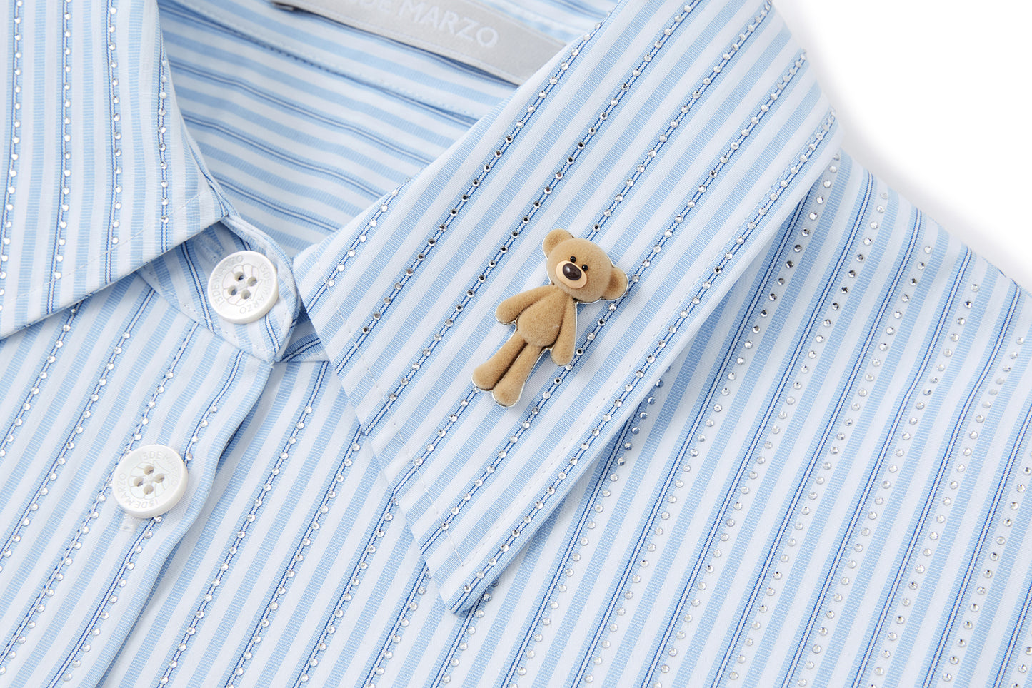 13DE MARZO Stripe Shirt with Rhinestone Bear Brooch Blue