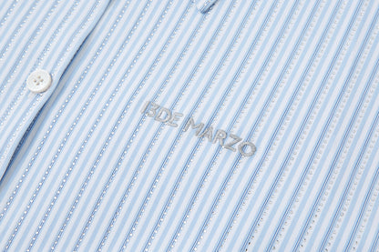 13DE MARZO Stripe Shirt with Rhinestone Bear Brooch Blue