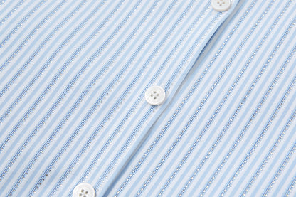 13DE MARZO Stripe Shirt with Rhinestone Bear Brooch Blue