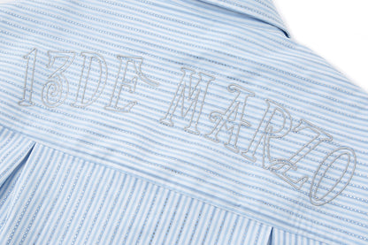 13DE MARZO Stripe Shirt with Rhinestone Bear Brooch Blue