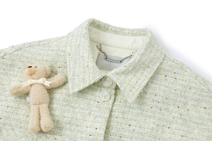 13DE MARZO All-Over Bear Print Tweed Shirt Jacket Green