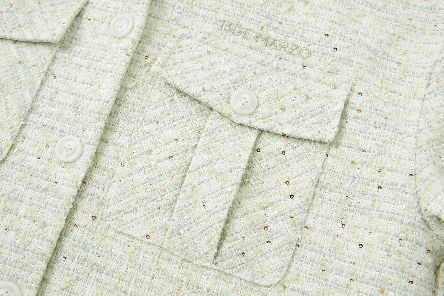13DE MARZO All-Over Bear Print Tweed Shirt Jacket Green