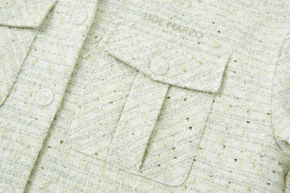 13DE MARZO All-Over Bear Print Tweed Shirt Jacket Green