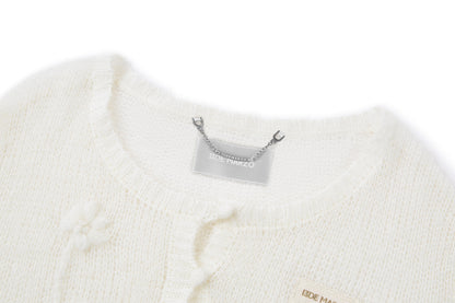 13DE MARZO Floral Bear Print Lazy Style Knitted Cardigan White