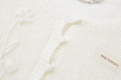 13DE MARZO Floral Bear Print Lazy Style Knitted Cardigan White