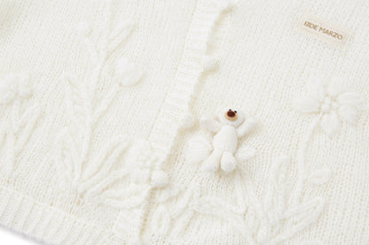 13DE MARZO Floral Bear Print Lazy Style Knitted Cardigan White