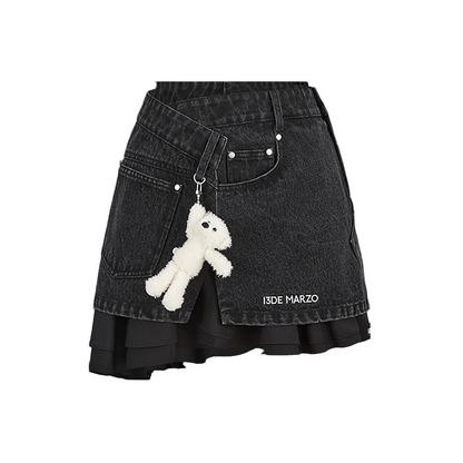 13DE MARZO Bear Folded Denim Skirt Black