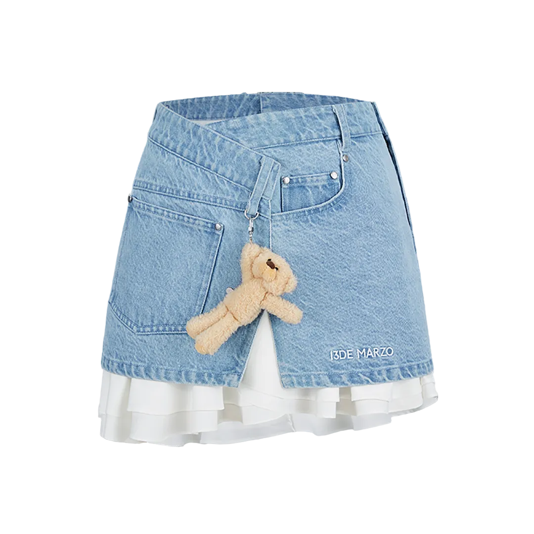 13DE MARZO Bear Folded Denim Skirt Blue