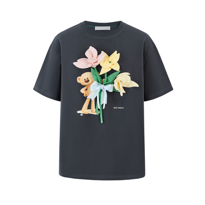 13DE MARZO Bear Offering Flowers 3D T-shirt Dark Grey - 13DE MARZO