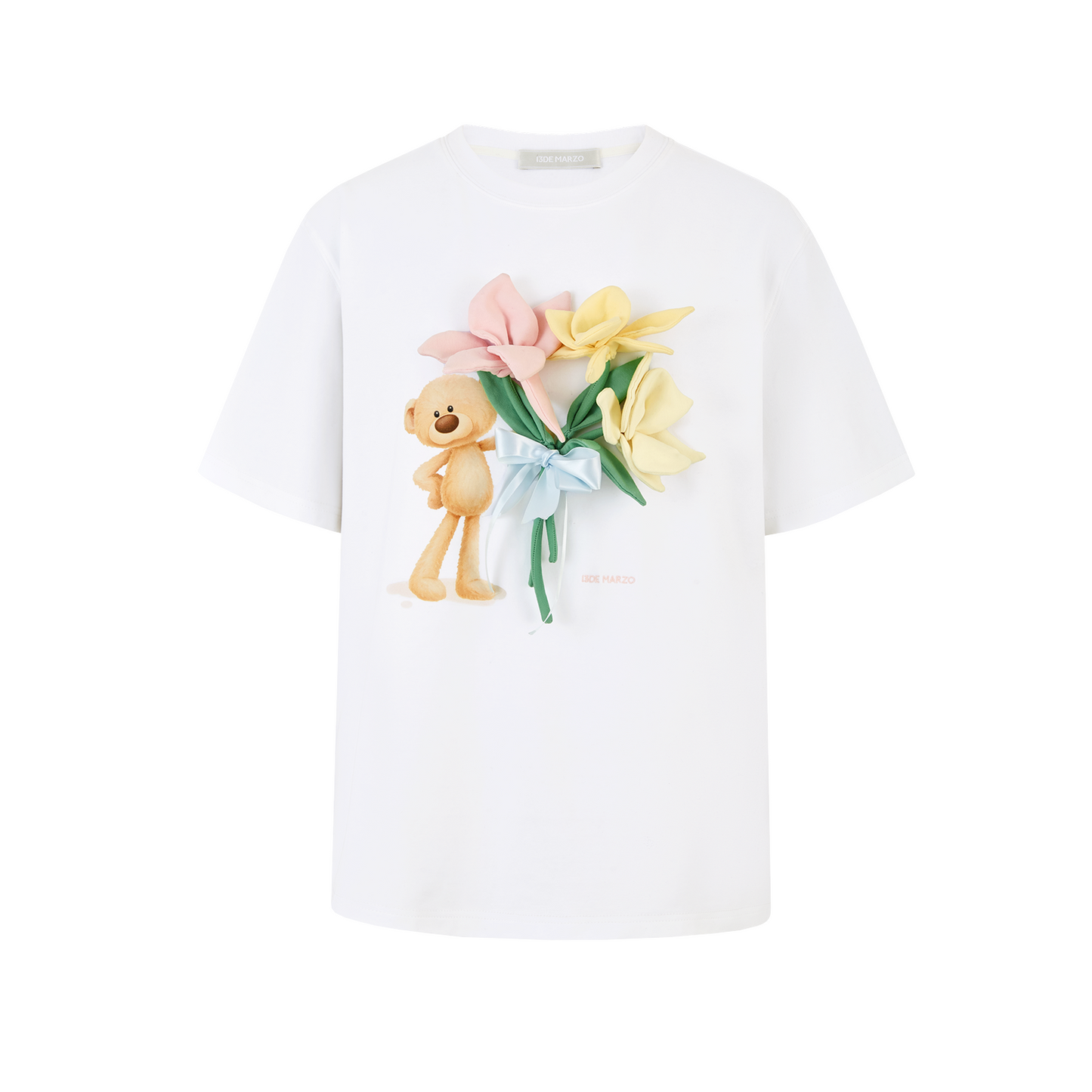 13DE MARZO Bear Offering Flowers 3D T-shirt White - 13DE MARZO