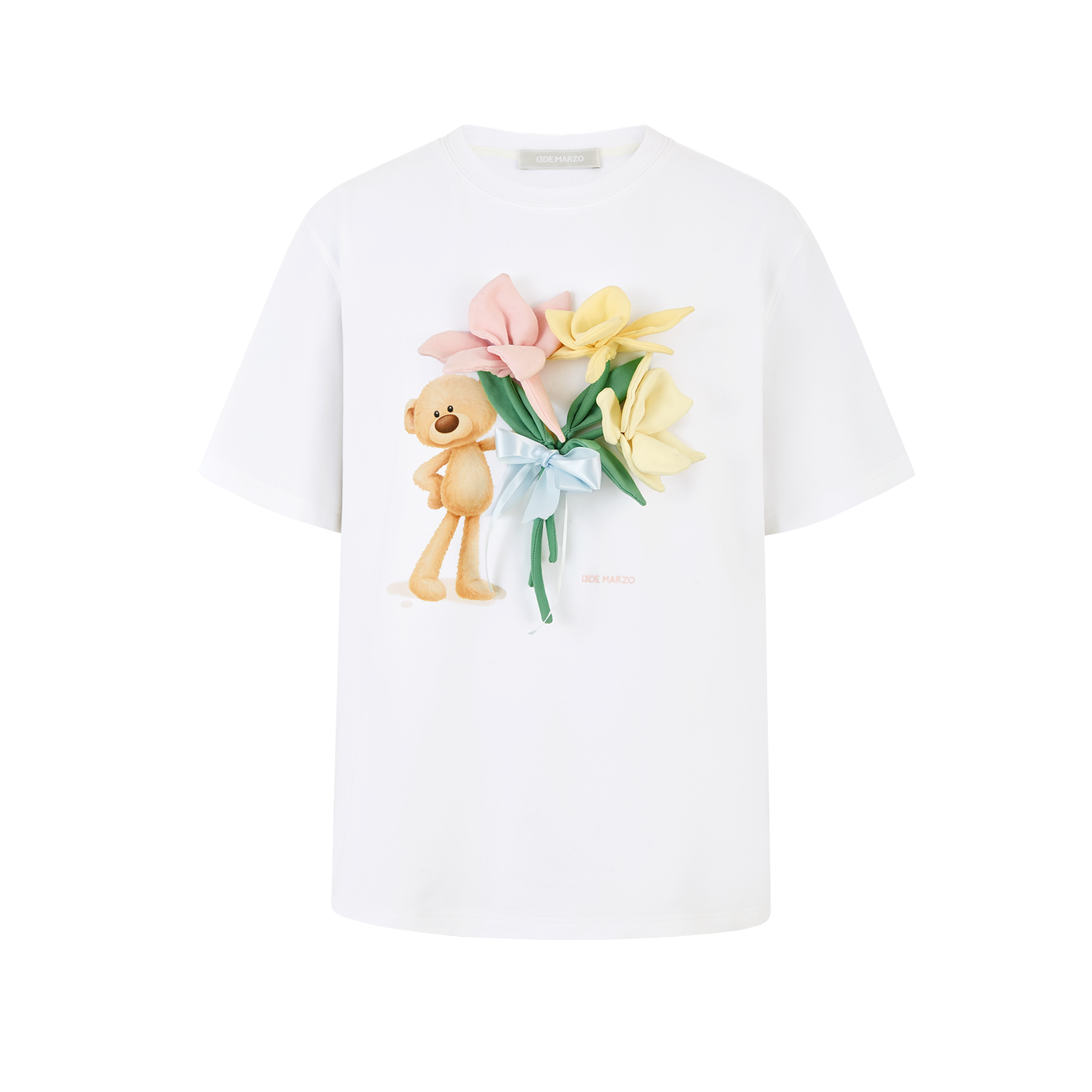 13DE MARZO Bear Offering Flowers 3D T-shirt White - 13DE MARZO