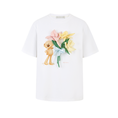13DE MARZO Bear Offering Flowers 3D T-shirt White - 13DE MARZO
