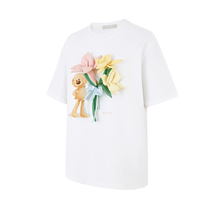 13DE MARZO Bear Offering Flowers 3D T-shirt White - 13DE MARZO