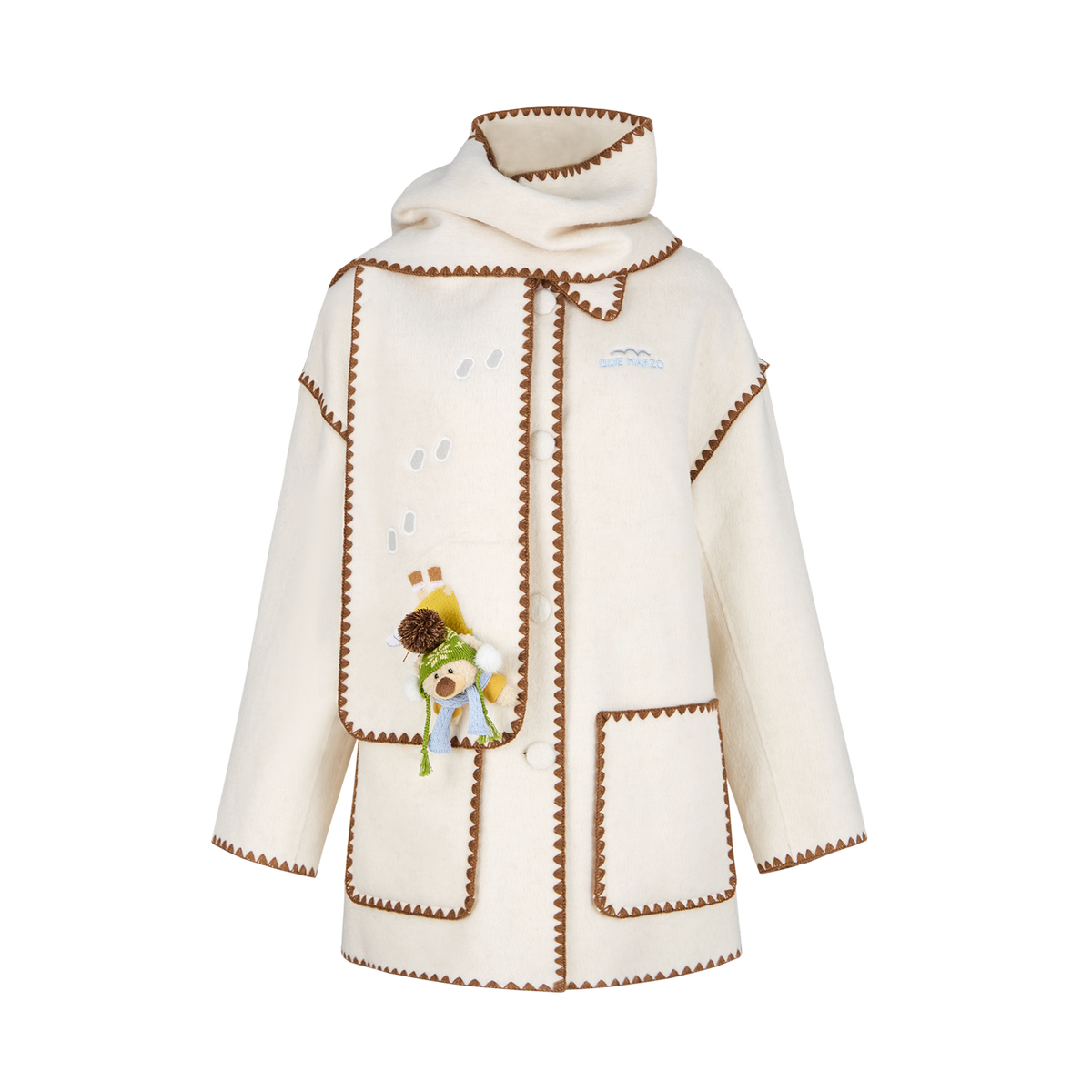 13DE MARZO Snow Bear Mid Length Scarf Coat White