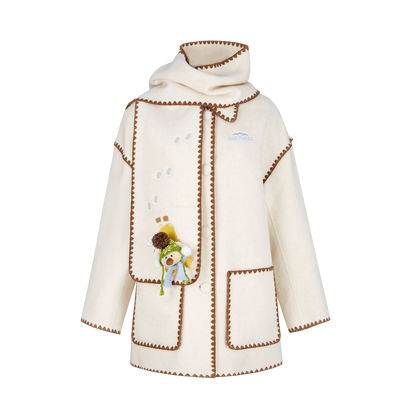 13DE MARZO Snow Bear Mid Length Scarf Coat White