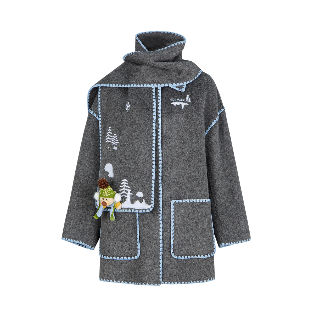 13DE MARZO Snow Bear Mid Length Scarf Coat Dark Grey