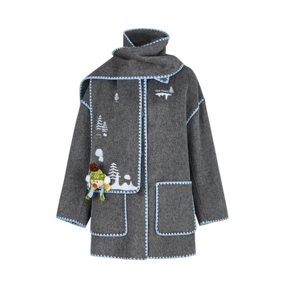 13DE MARZO Snow Bear Mid Length Scarf Coat Dark Grey