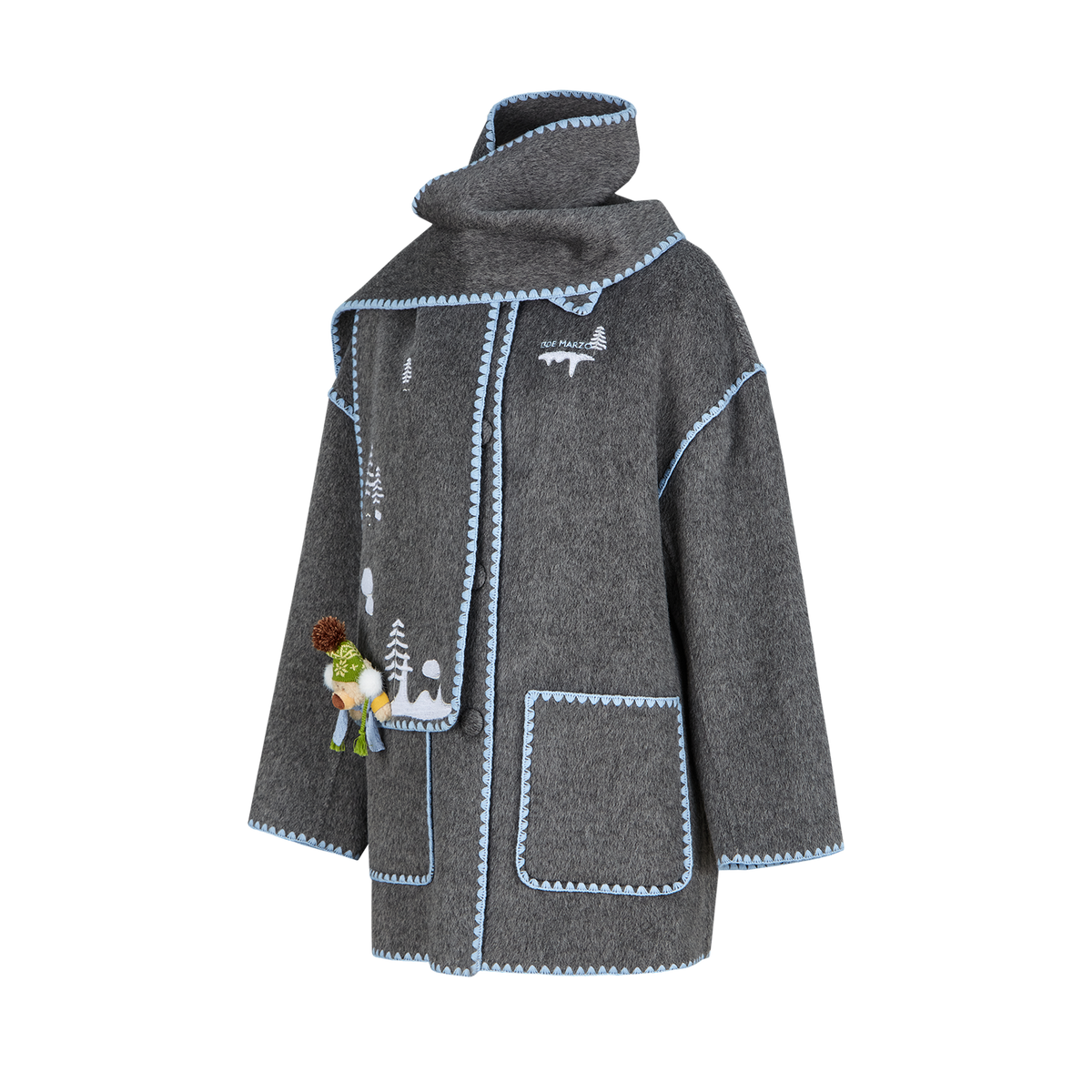 13DE MARZO Snow Bear Mid Length Scarf Coat Dark Grey