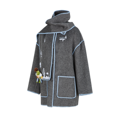 13DE MARZO Snow Bear Mid Length Scarf Coat Dark Grey