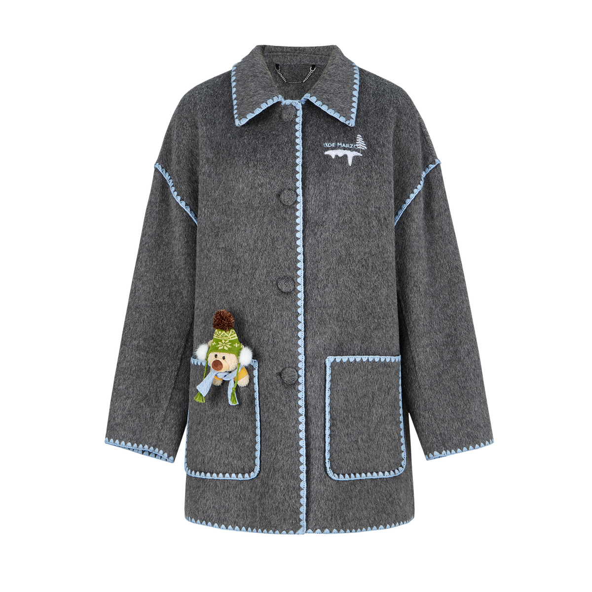 13DE MARZO Snow Bear Mid Length Scarf Coat Dark Grey