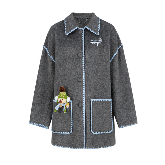13DE MARZO Snow Bear Mid Length Scarf Coat Dark Grey - 13DE MARZO
