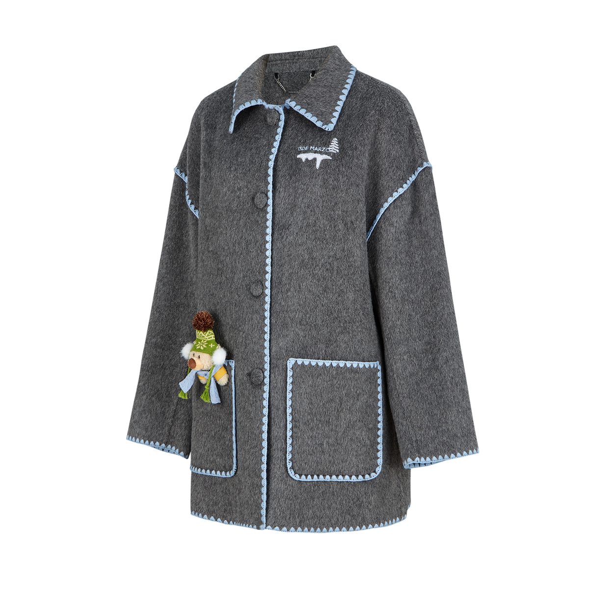 13DE MARZO Snow Bear Mid Length Scarf Coat Dark Grey