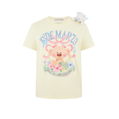 13DE MARZO Floral Bear Illustration T-Shirt Yellow - 13DE MARZO