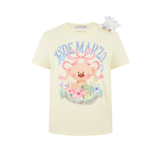13DE MARZO Floral Bear Illustration T-Shirt Yellow - 13DE MARZO