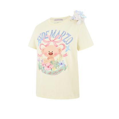 13DE MARZO Floral Bear Illustration T-Shirt Yellow - 13DE MARZO