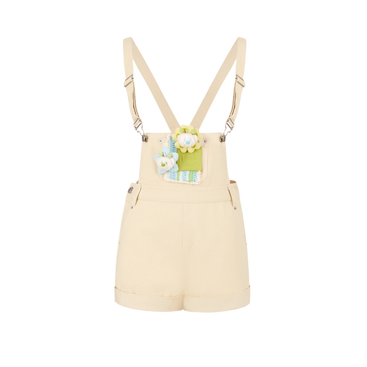 13DE MARZO Floral Doll Denim Overalls Khaki - 13DE MARZO