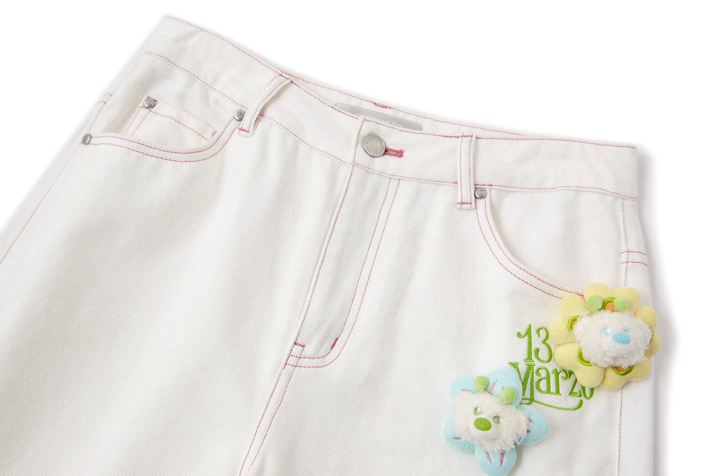 13DE MARZO Floral Bear Pocket Print Jeans White - 13DE MARZO