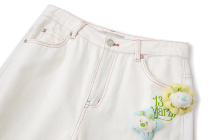 13DE MARZO Floral Bear Pocket Print Jeans White - 13DE MARZO