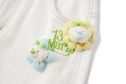 13DE MARZO Floral Bear Pocket Print Jeans White - 13DE MARZO