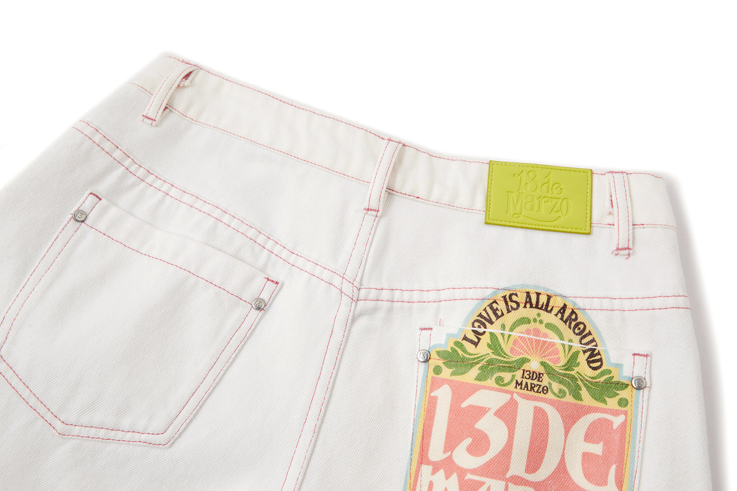 13DE MARZO Floral Bear Pocket Print Jeans White - 13DE MARZO