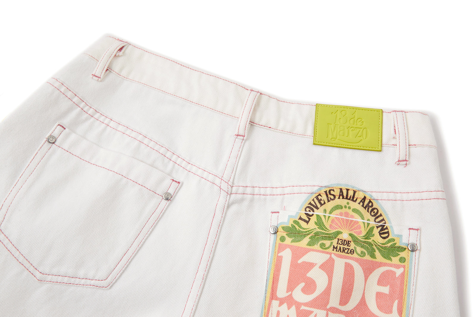 13DE MARZO Floral Bear Pocket Print Jeans White - 13DE MARZO