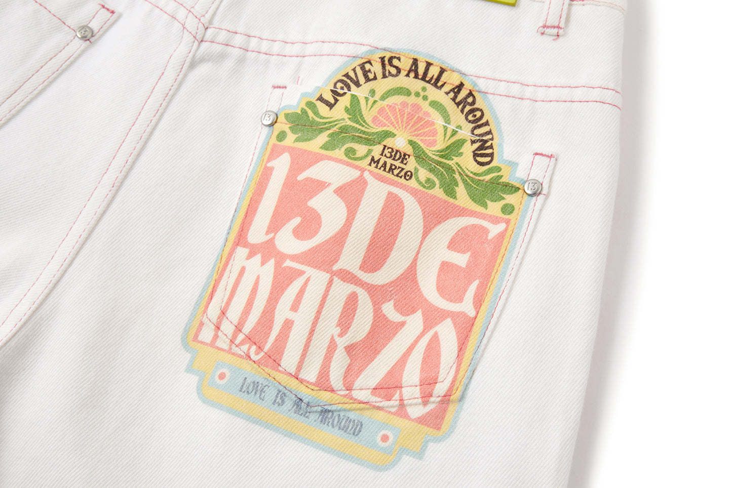 13DE MARZO Floral Bear Pocket Print Jeans White - 13DE MARZO