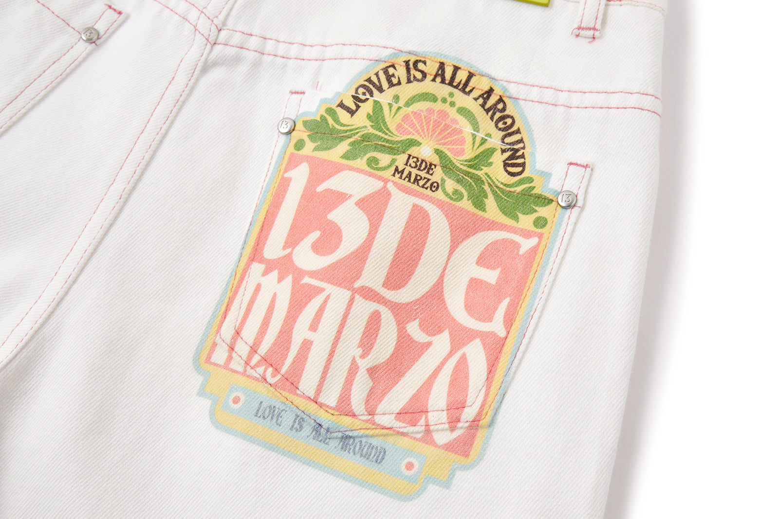 13DE MARZO Floral Bear Pocket Print Jeans White - 13DE MARZO